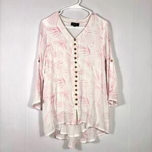 Papillion White and Pink Leaf Crinkled Button Down Tunic Size Medium Y0499